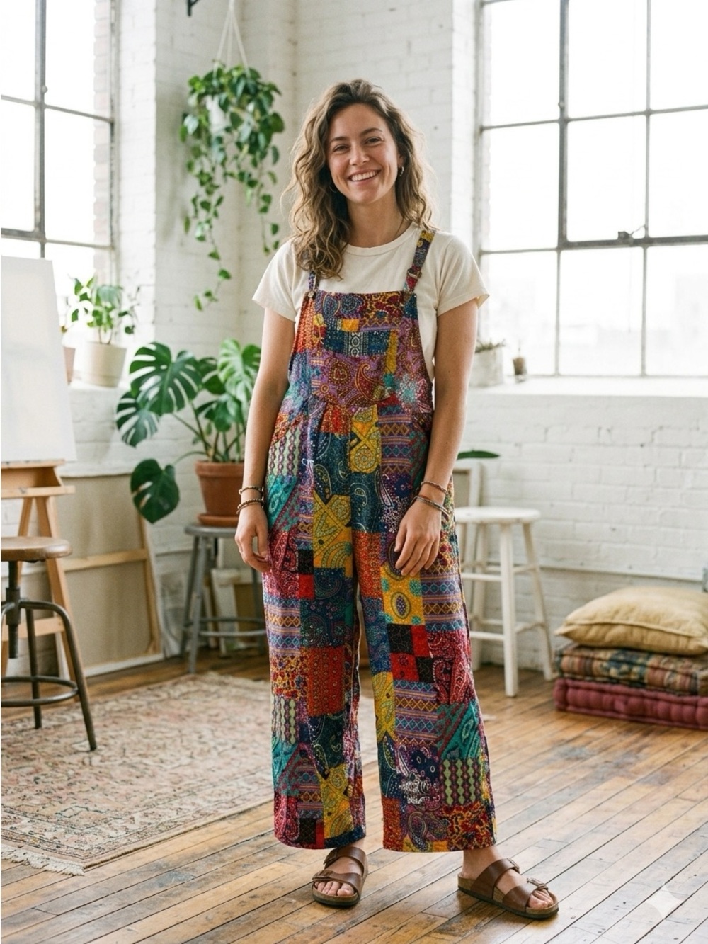Patchwork Wide-Leg Overalls Jumpsuit — Multicolor